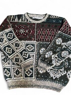 Bugle Boy Co Vintage Knit Sweater Patchwork Pattern Grandpa Crewneck Large